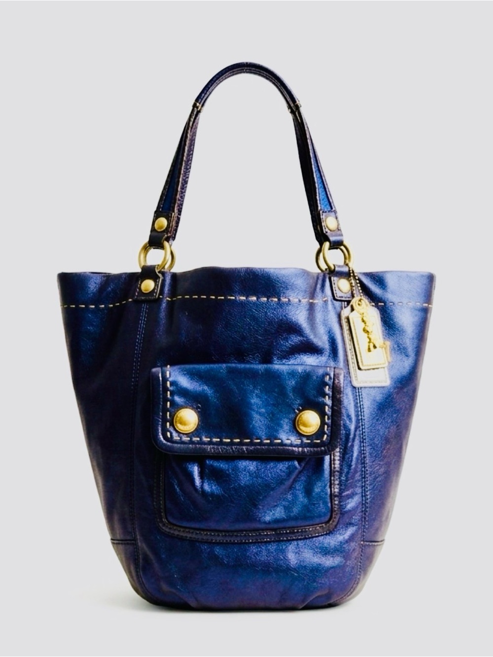 Coach Poppy Rare Mia Maggie Metallic Blue Leather Tote with Gold Accents